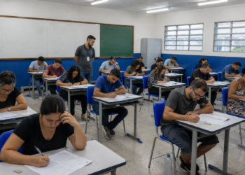 Candidatos realizam prova de concurso público em sala de aula de escola pública.
