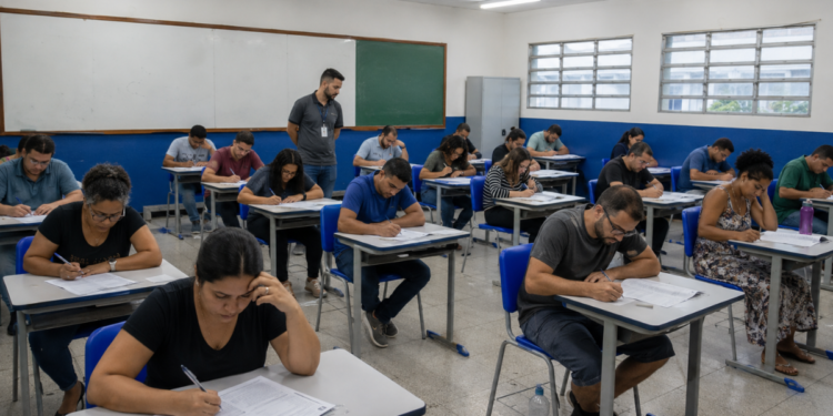 Candidatos realizam prova de concurso público em sala de aula de escola pública.