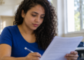 Jovem preenche formulário de concurso público durante preparação para processos seletivos com inscrições abertas.