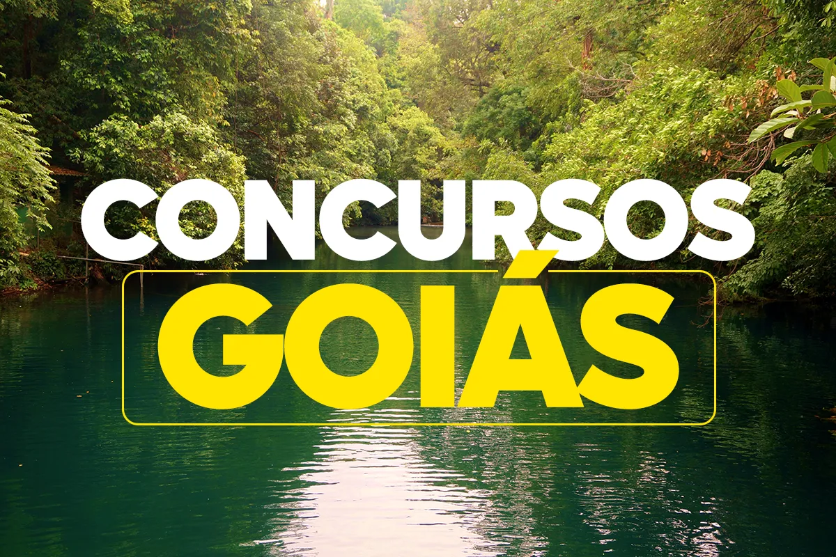 Imagem com paisagem natural e texto sobre concursos públicos em Goiás.