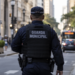 Guarda municipal de costas durante patrulhamento no centro de uma cidade.