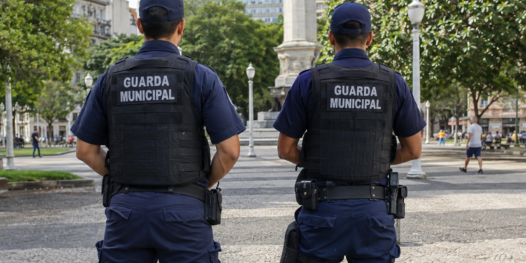 Dois guardas municipais de costas em praça pública representam concursos com vagas abertas em setembro.