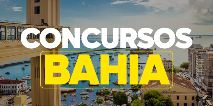 Vista de Salvador com destaque para concursos na Bahia, representando editais previstos em 2026 para PM, Sefaz, TCE e outros órgãos.