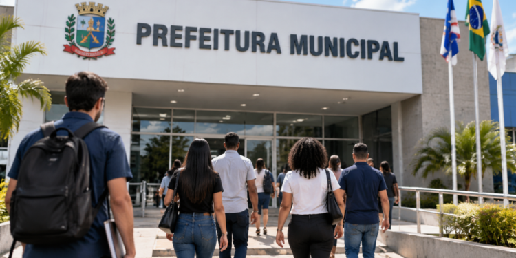 Pessoas se dirigindo a uma prefeitura municipal, representando candidatos interessados em concursos públicos e oportunidades no serviço público.