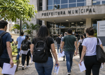 Candidatos a concursos públicos caminham em direção a uma prefeitura com documentos de inscrição.