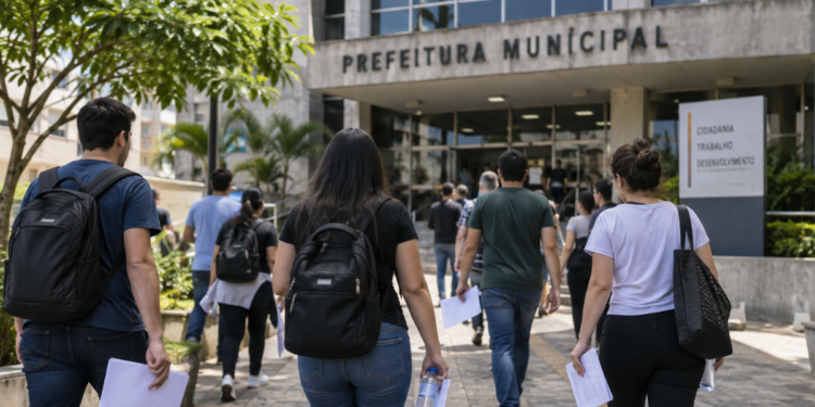 Candidatos a concursos públicos caminham em direção a uma prefeitura com documentos de inscrição.