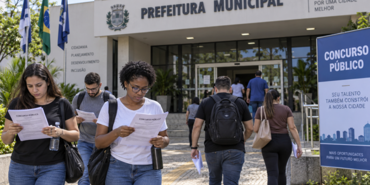 Pessoas se preparando para concurso público em frente a uma prefeitura municipal com documentos de inscrição em mãos.