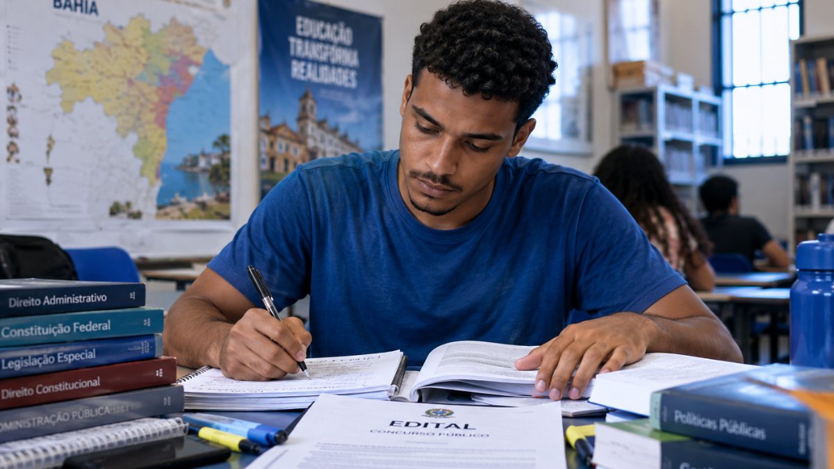 Jovem estuda para concursos públicos na Bahia com livros, cadernos e edital sobre a mesa.