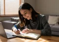 Estudante se preparando para concursos públicos com notebook e caderno de estudos.
