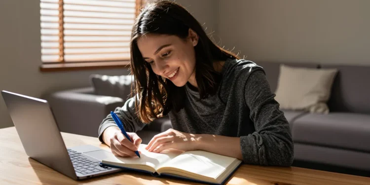 Estudante se preparando para concursos públicos com notebook e caderno de estudos.