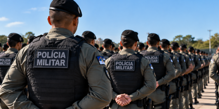 Policiais militares de Pernambuco em formação durante preparação para concursos da segurança pública estadual.