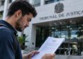 Jovem analisa edital de concurso público em frente a prédio do Tribunal de Justiça.