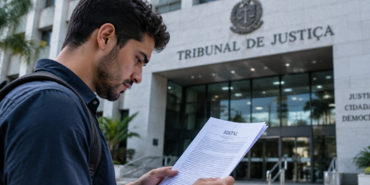 Jovem analisa edital de concurso público em frente a prédio do Tribunal de Justiça.