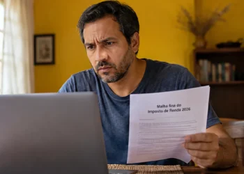 Homem consulta notebook enquanto segura documento sobre a malha fina do Imposto de Renda 2026