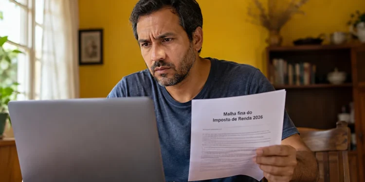 Homem consulta notebook enquanto segura documento sobre a malha fina do Imposto de Renda 2026