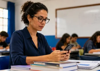 Professora consulta pelo celular informações sobre o cartão de confirmação da PND 2026 em sala de aula.