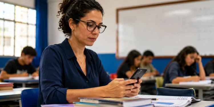 Professora consulta pelo celular informações sobre o cartão de confirmação da PND 2026 em sala de aula.