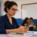 Professora consulta pelo celular informações sobre o cartão de confirmação da PND 2026 em sala de aula.