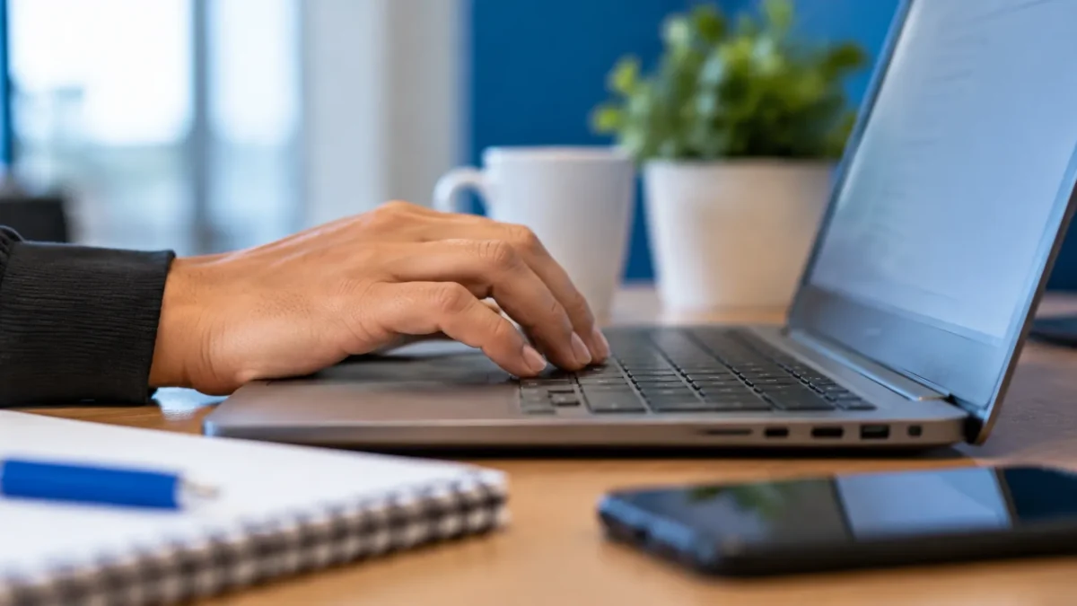 Mão de usuário consultando informações em notebook, representando a consulta de pagamentos atrasados para beneficiários do INSS.