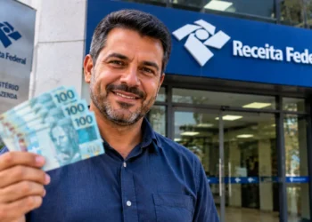 Contribuinte segura notas de reais em frente a uma unidade da Receita Federal, representando a consulta ao lote residual do Imposto de Renda.