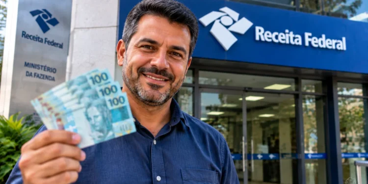 Contribuinte segura notas de reais em frente a uma unidade da Receita Federal, representando a consulta ao lote residual do Imposto de Renda.