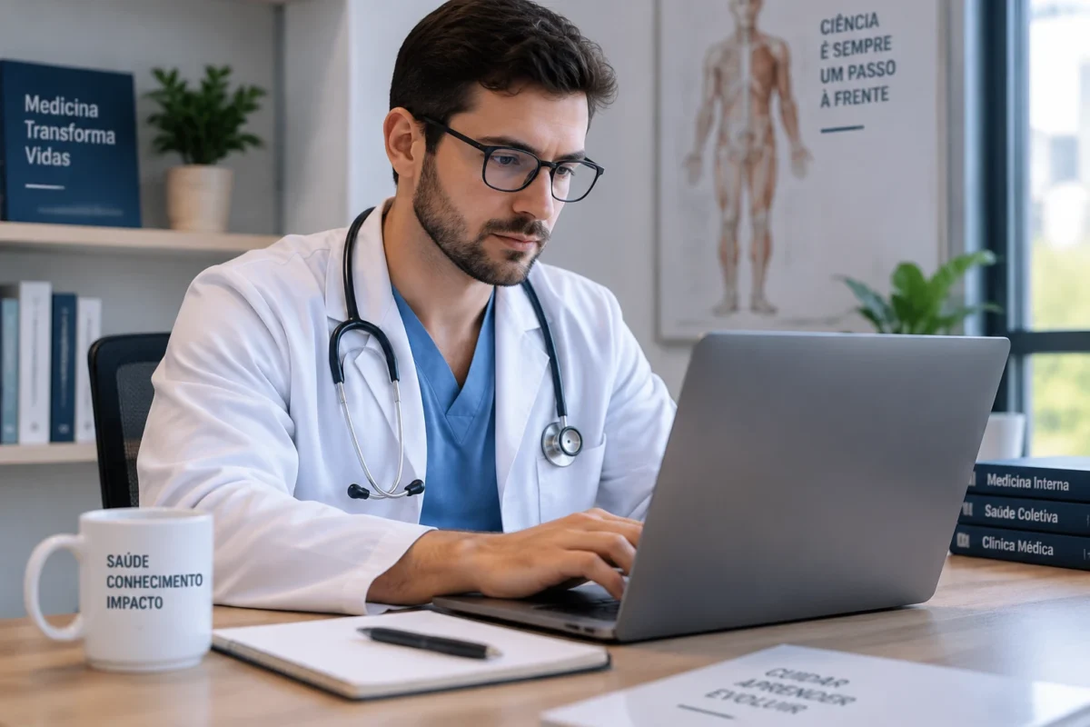 Médico utilizando notebook em ambiente profissional para consultar informações sobre os exames Enamed e Revalida.