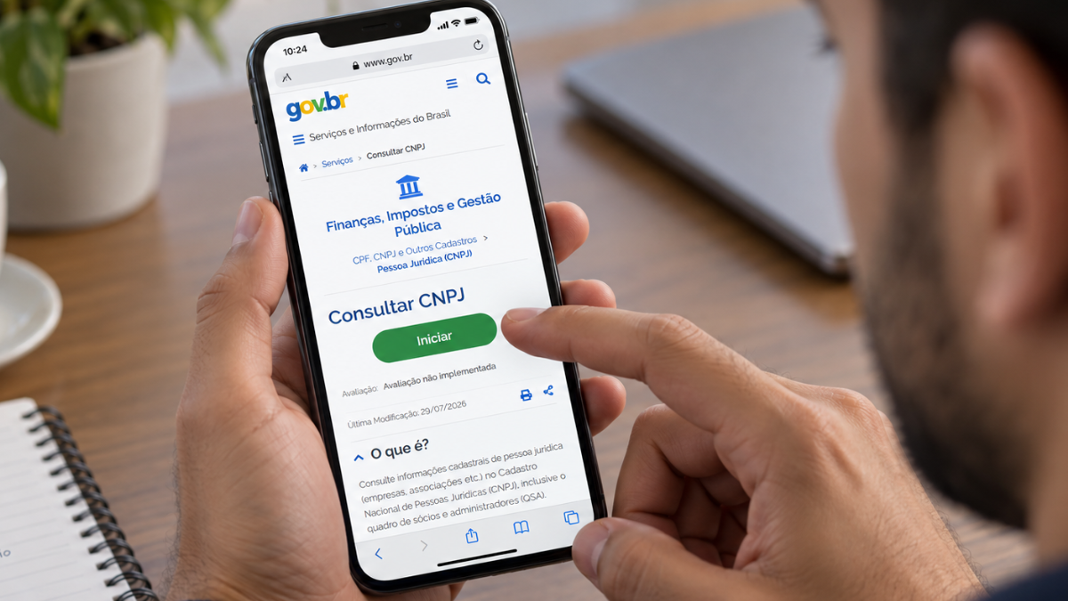 Consulta de CNPJ no Gov.br para verificar a situação cadastral da empresa.