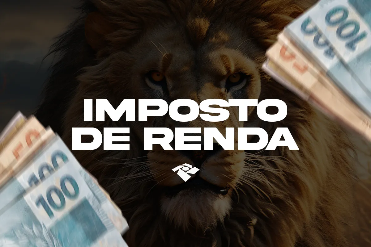 Arte com leão da Receita Federal e cédulas de reais representa os contribuintes que receberão a restituição do lote residual do Imposto de Renda