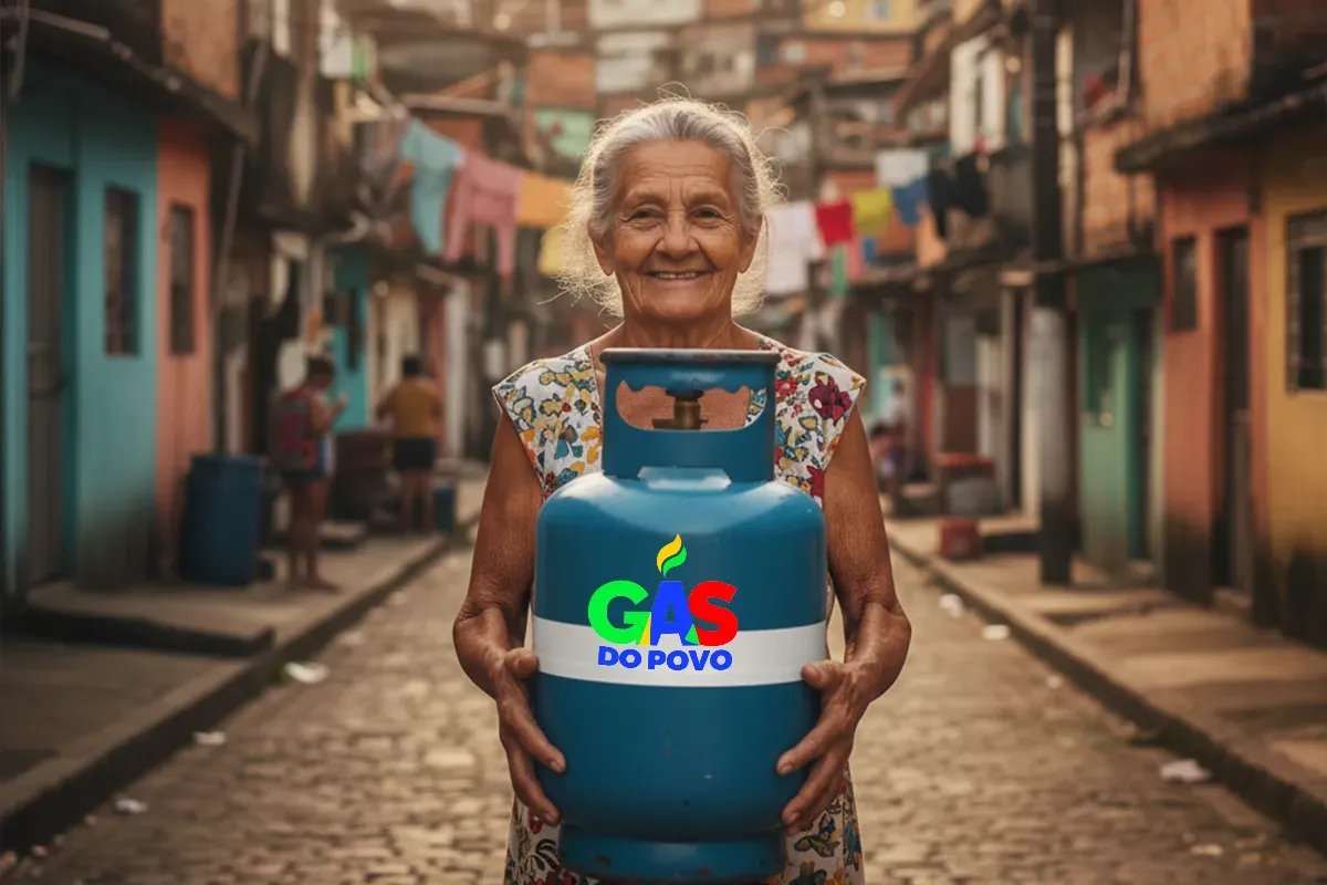 Idosa segura botijão de gás representando as famílias que podem receber o vale-recarga do Gás do Povo.
