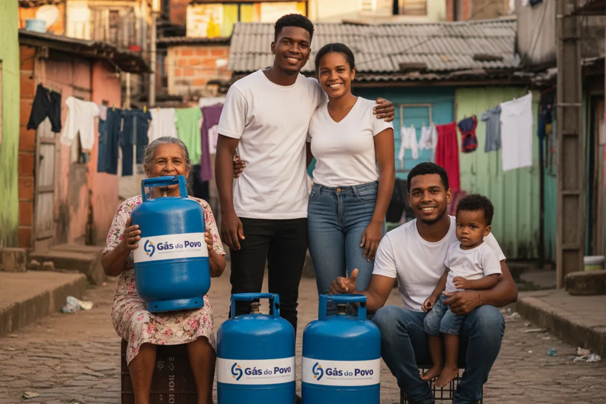 Família beneficiária do Gás do Povo com botijões de gás em comunidade brasileira