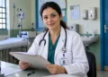 Médica em consultório com jaleco e estetoscópio, representando a diferença entre CRM e RQE e para que servem.