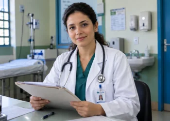 Médica em consultório com jaleco e estetoscópio, representando a diferença entre CRM e RQE e para que servem.