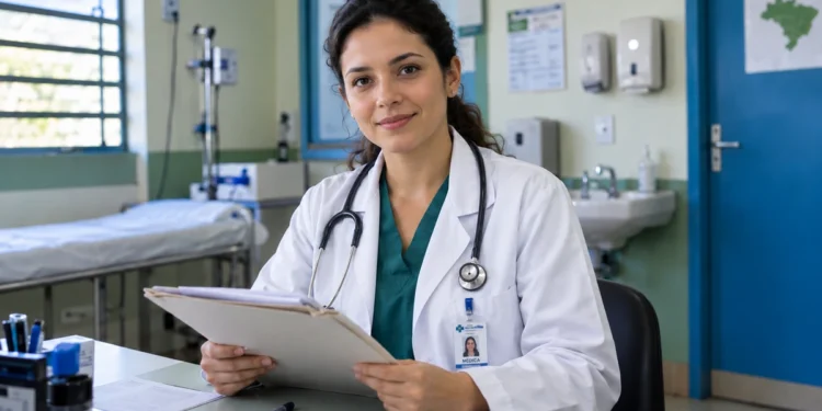 Médica em consultório com jaleco e estetoscópio, representando a diferença entre CRM e RQE e para que servem.