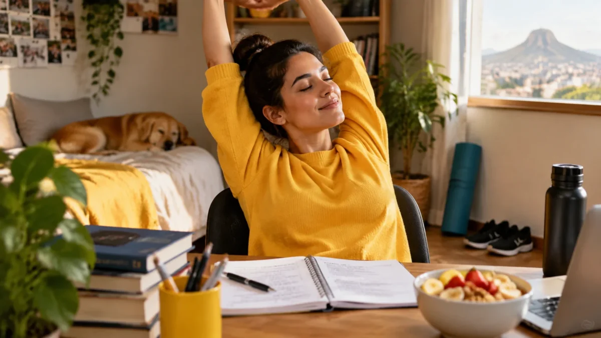 Estudante se preparando para fazer pausa durante a preparação para concursos, representando a importância do descanso, do sono e do lazer para manter a saúde mental.