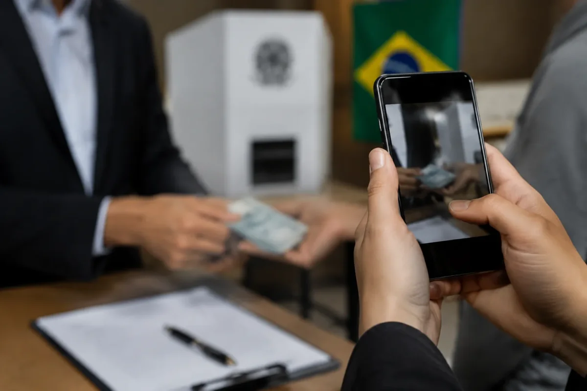 Pessoa registrando denúncia de irregularidade eleitoral utilizando celular durante a apuração de uma possível infração, representando o processo de denúncia nesses casos.