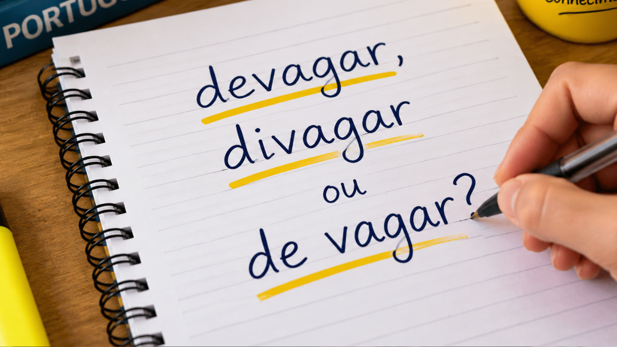 Mão escrevendo as palavras devagar, divagar e de vagar em caderno para explicar diferenças da língua portuguesa.