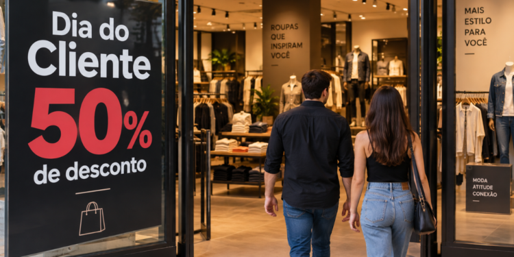 Duas pessoas entrando em loja de roupas com promoção de 50% de desconto no Dia do Cliente 2026.