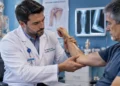 Ortopedista realiza avaliação do braço de paciente durante consulta médica em clínica especializada