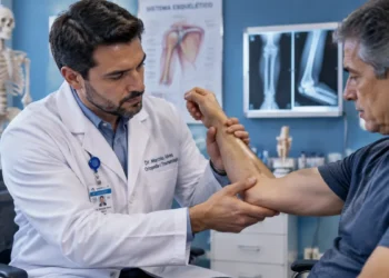 Ortopedista realiza avaliação do braço de paciente durante consulta médica em clínica especializada