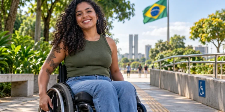 Mulher com deficiência em cadeira de rodas em espaço público acessível
