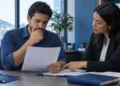 Trabalhador analisando documento durante conversa no ambiente de trabalho, representando a demissão por acordo.
