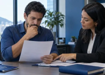 Trabalhador analisando documento durante conversa no ambiente de trabalho, representando a demissão por acordo.