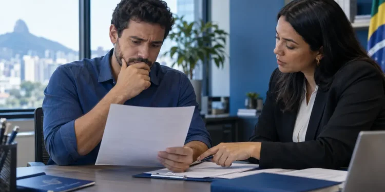 Trabalhador analisando documento durante conversa no ambiente de trabalho, representando a demissão por acordo.