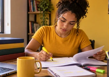 Estudante organiza os estudos para concursos administrativos com apostilas e marca-texto em mesa de preparação