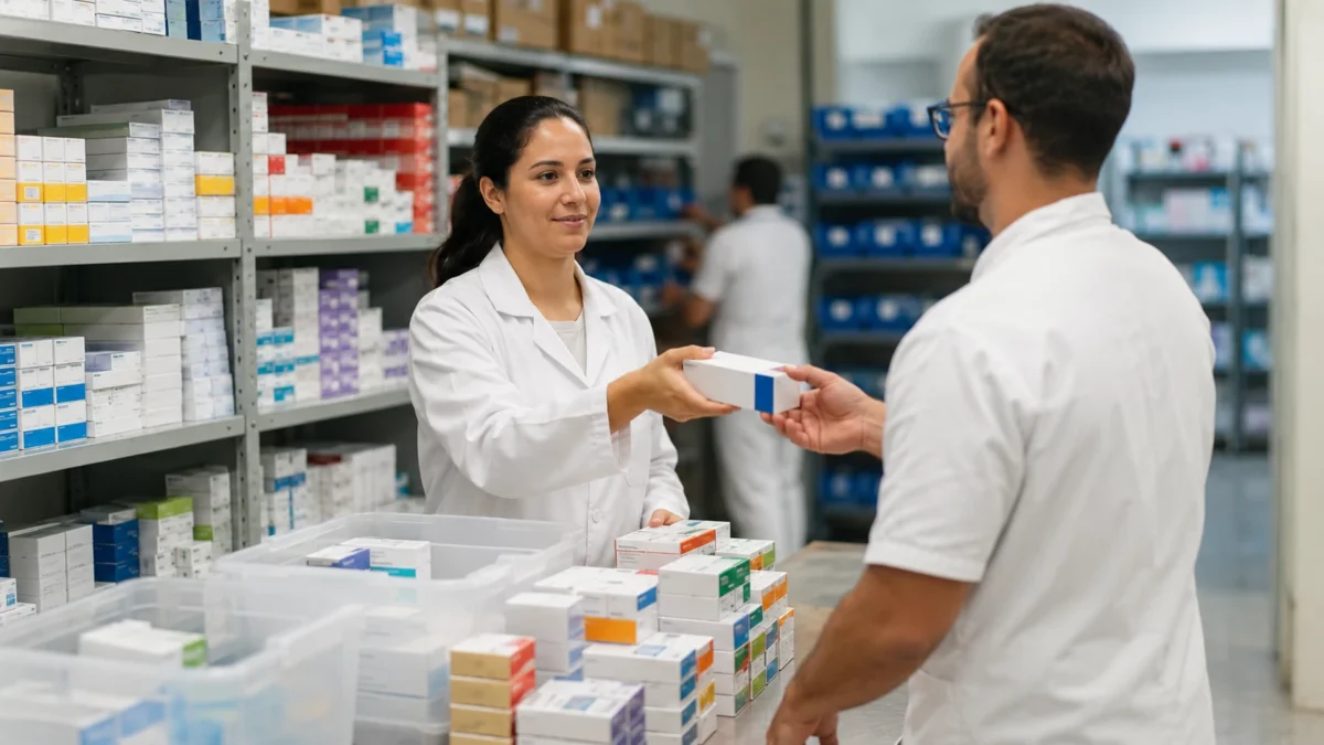 Profissionais de saúde organizam e repassam medicamentos em estoque hospitalar do SUS