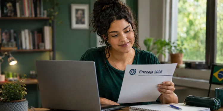 Estudante consulta notebook e documento do Encceja 2026 em ambiente de estudos, representando a divulgação dos gabaritos oficiais pelo Inep.