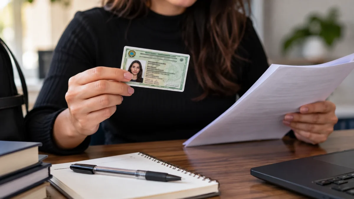 Professora segura documento de identificação com foto enquanto confere informações para participar da PND 2026