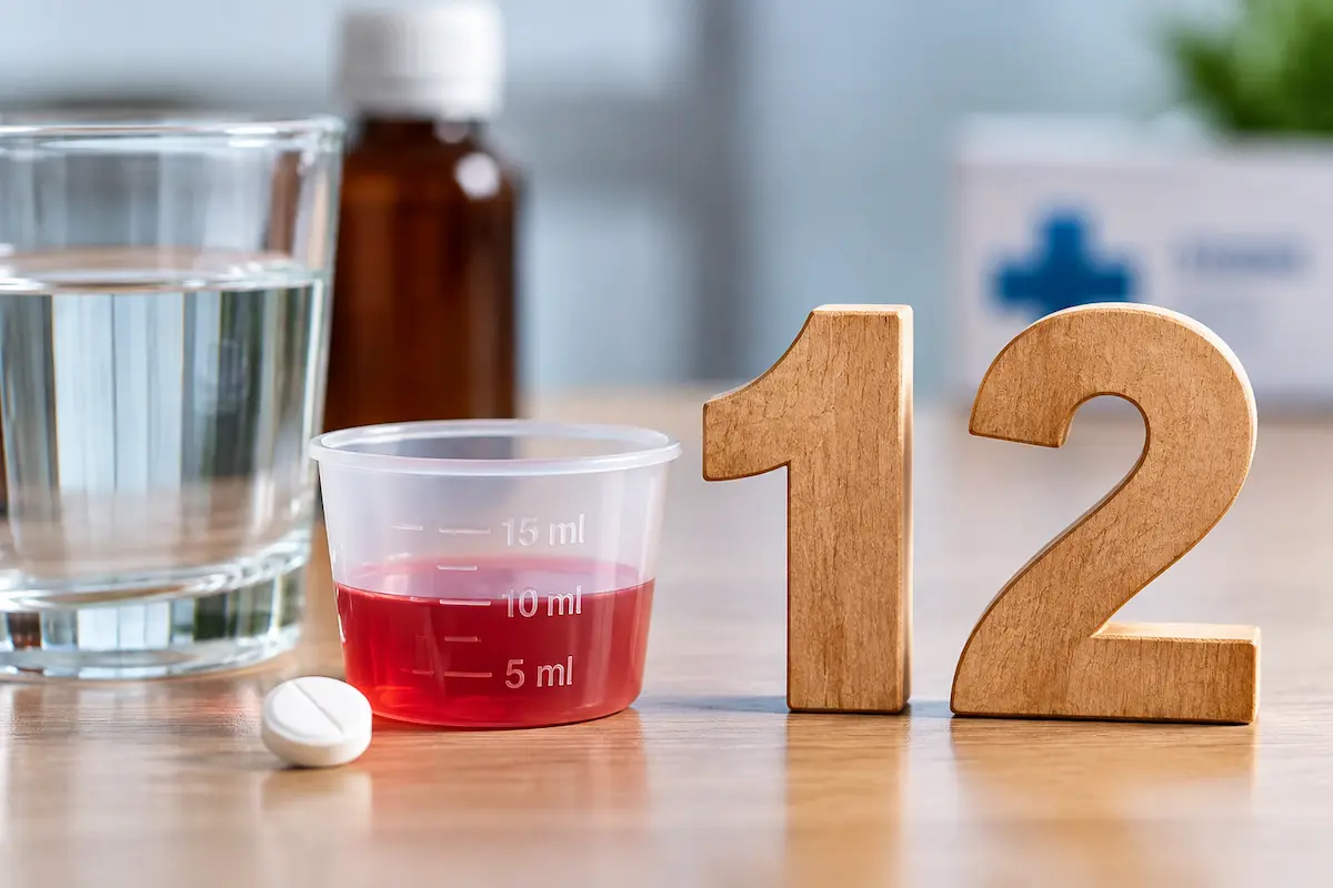 Representação da diferença entre doze e dose com número 12 e recipiente de medicamento.