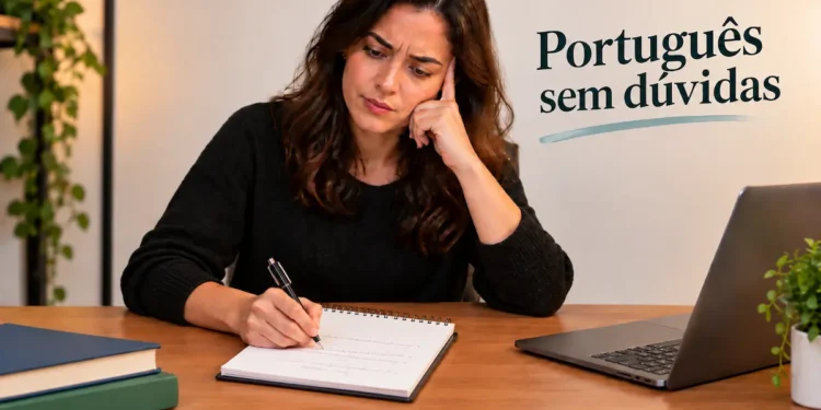 Mulher estudando português em caderno enquanto aprende a regra do plural de carros-fortes.