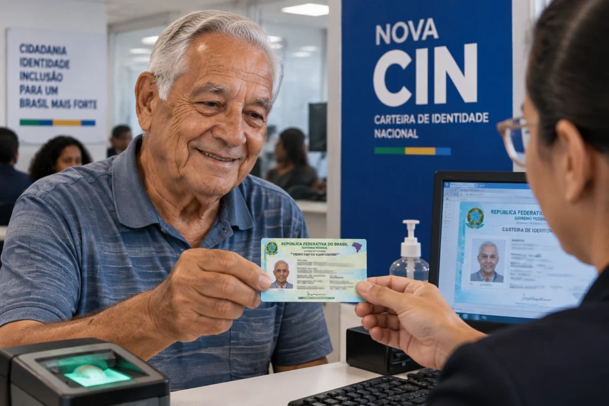 Idoso recebe a Nova CIN em atendimento de identificação civil, representando um dos registros utilizados na comprovação de vida pelo INSS.